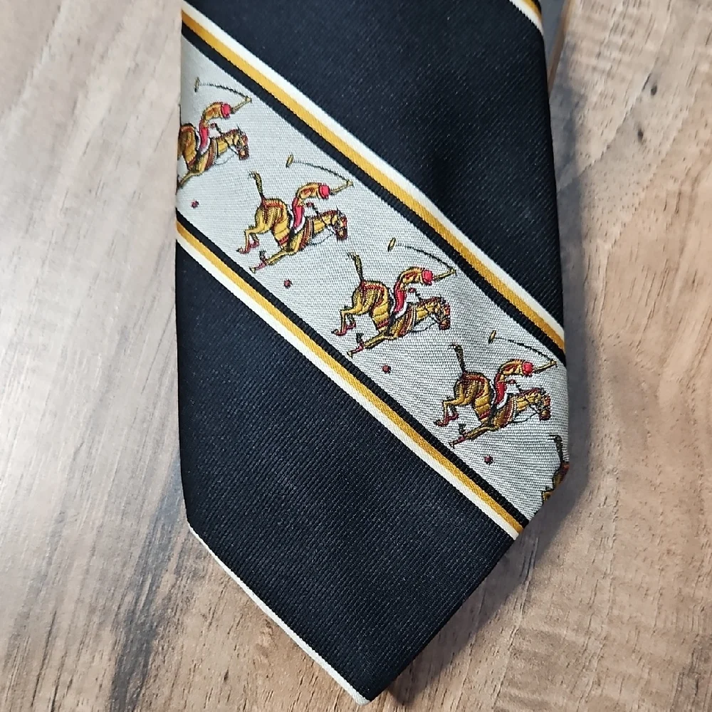 John Frederics Vintage Equestrian Themed Black and Gold Men's Tie